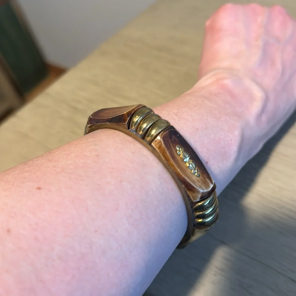 Vintage Plastic Bangle Bracelet, Wood, Metal, Brown, Bronze, Retro, Boho